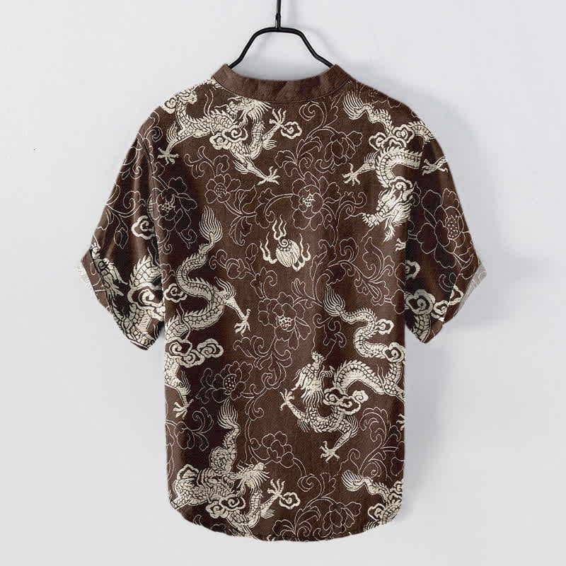 Nimara Ritual Cotton Dragon Lotus Pattern Men's Short Sleeve Half Button Shirt
