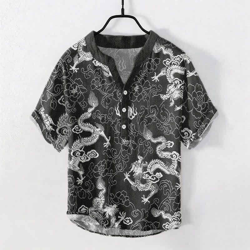 Nimara Ritual Cotton Dragon Lotus Pattern Men's Short Sleeve Half Button Shirt