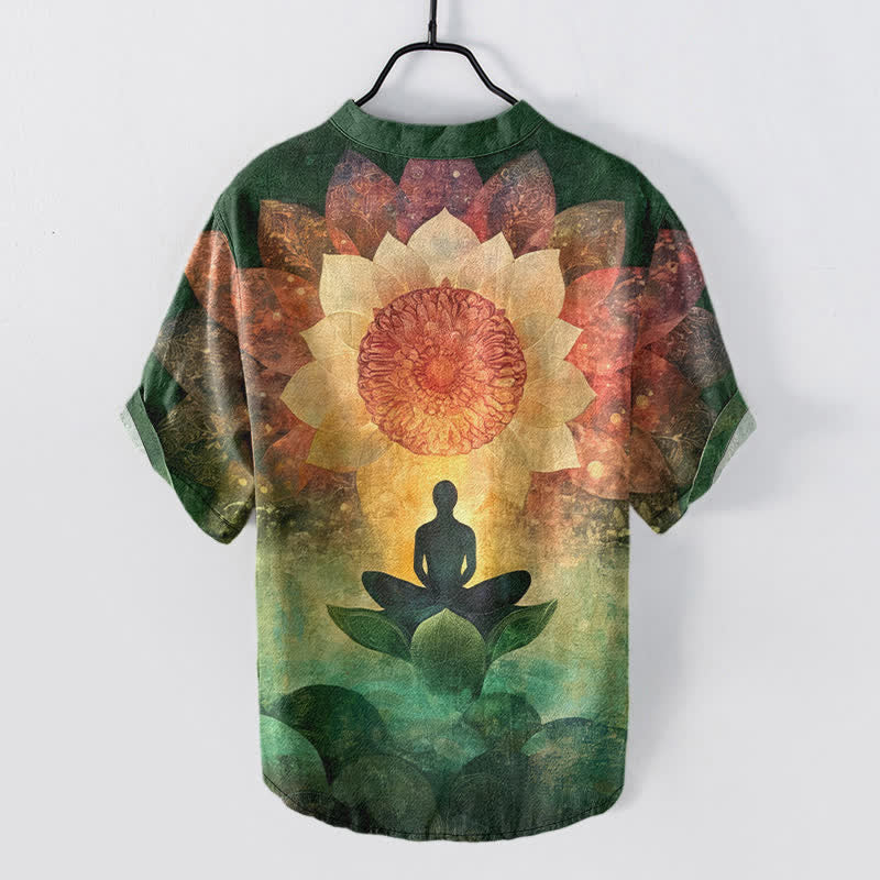 Nimara Ritual Cotton Lotus Meditating Figure Pattern Men's Short Sleeve Half Button Shirt