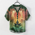 Nimara Ritual Cotton Lotus Meditating Figure Pattern Men's Short Sleeve Half Button Shirt