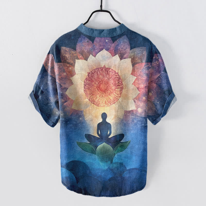 Nimara Ritual Cotton Lotus Meditating Figure Pattern Men's Short Sleeve Half Button Shirt