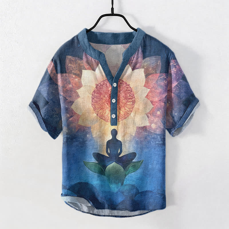 Nimara Ritual Cotton Lotus Meditating Figure Pattern Men's Short Sleeve Half Button Shirt