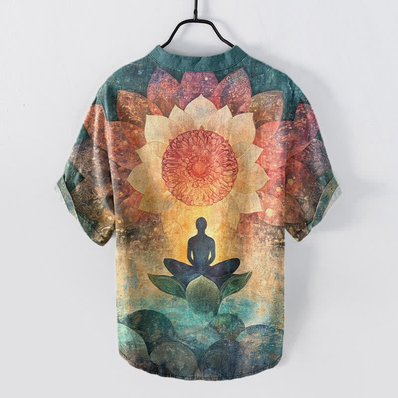 Nimara Ritual Cotton Lotus Meditating Figure Pattern Men's Short Sleeve Half Button Shirt