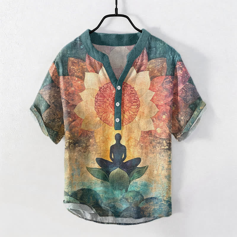 Nimara Ritual Cotton Lotus Meditating Figure Pattern Men's Short Sleeve Half Button Shirt