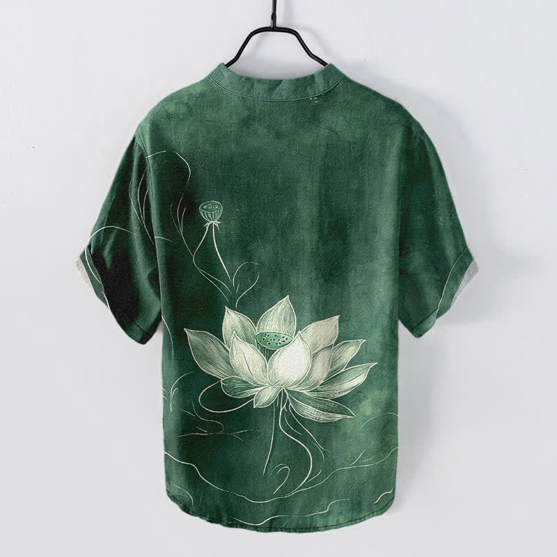 Nimara Ritual Cotton Lotus Pattern Men's Short Sleeve Half Button Shirt