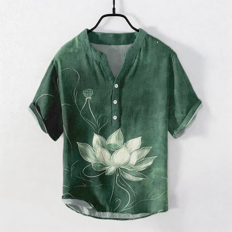Nimara Ritual Cotton Lotus Pattern Men's Short Sleeve Half Button Shirt
