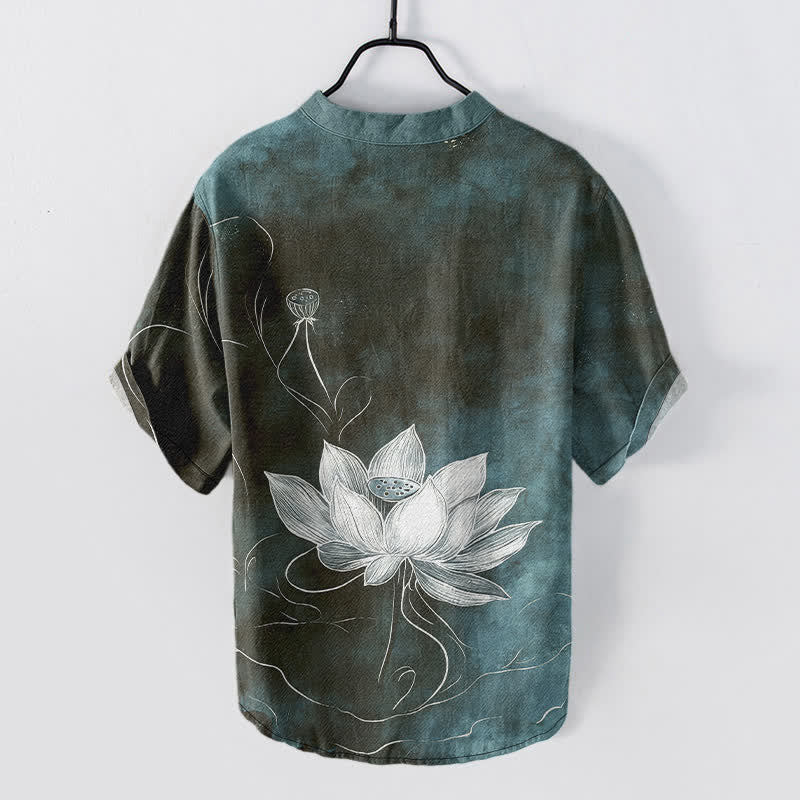 Nimara Ritual Cotton Lotus Pattern Men's Short Sleeve Half Button Shirt