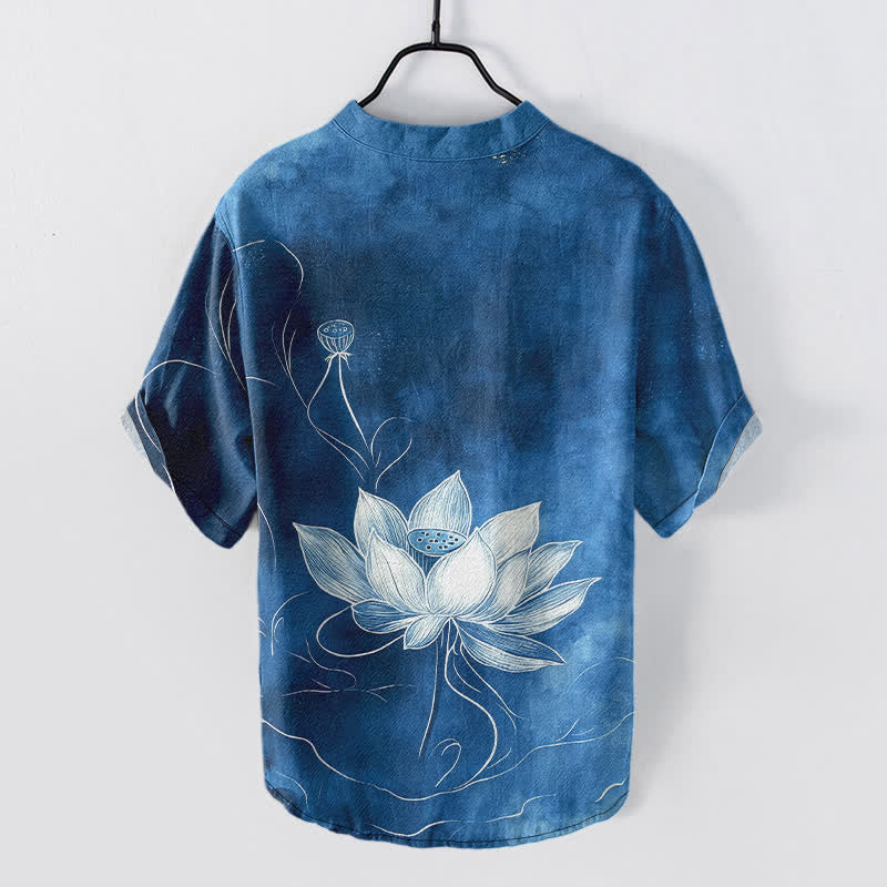 Nimara Ritual Cotton Lotus Pattern Men's Short Sleeve Half Button Shirt