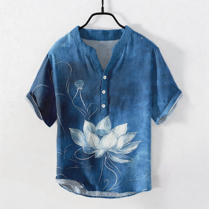 Nimara Ritual Cotton Lotus Pattern Men's Short Sleeve Half Button Shirt