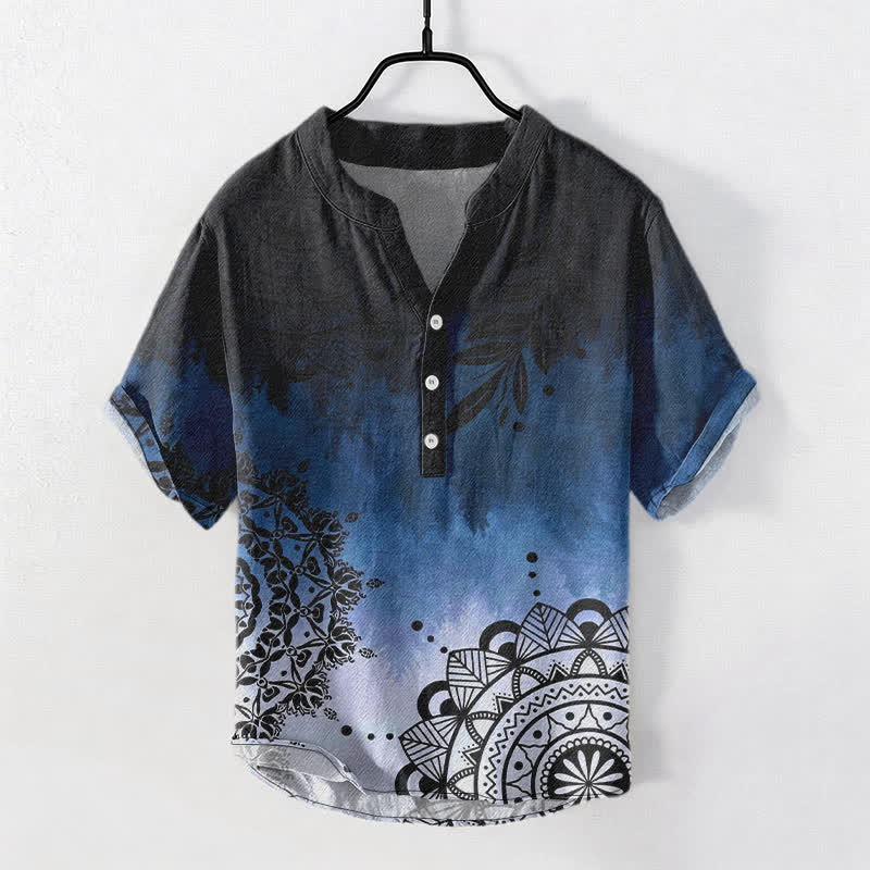 Nimara Ritual Cotton Mandala Pattern Men's Short Sleeve Half Button Shirt