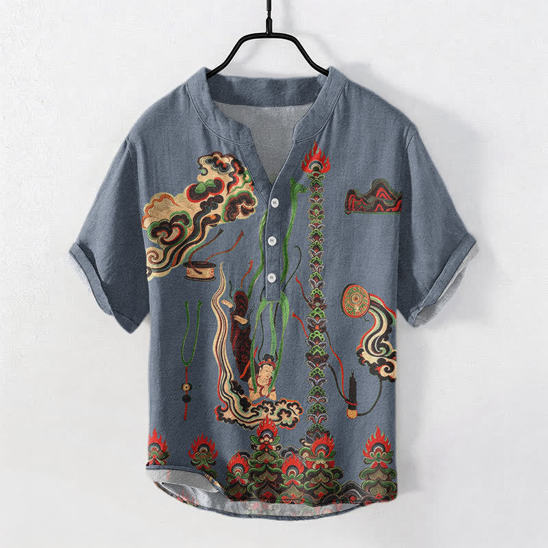Nimara Ritual Cotton Mural Cloud Pattern Men's Short Sleeve Half Button Shirt