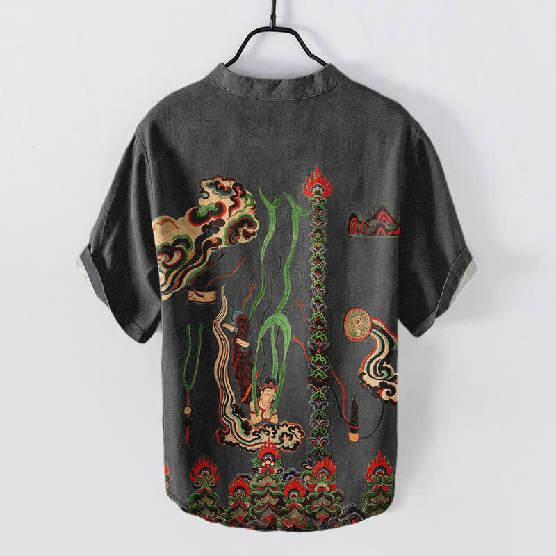 Nimara Ritual Cotton Mural Cloud Pattern Men's Short Sleeve Half Button Shirt