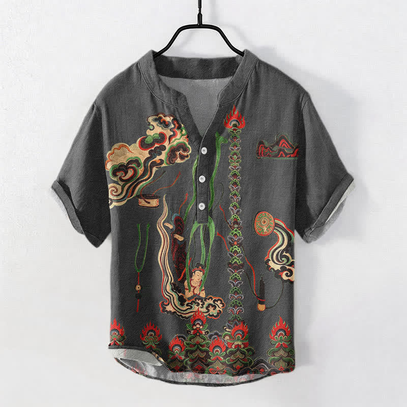 Nimara Ritual Cotton Mural Cloud Pattern Men's Short Sleeve Half Button Shirt