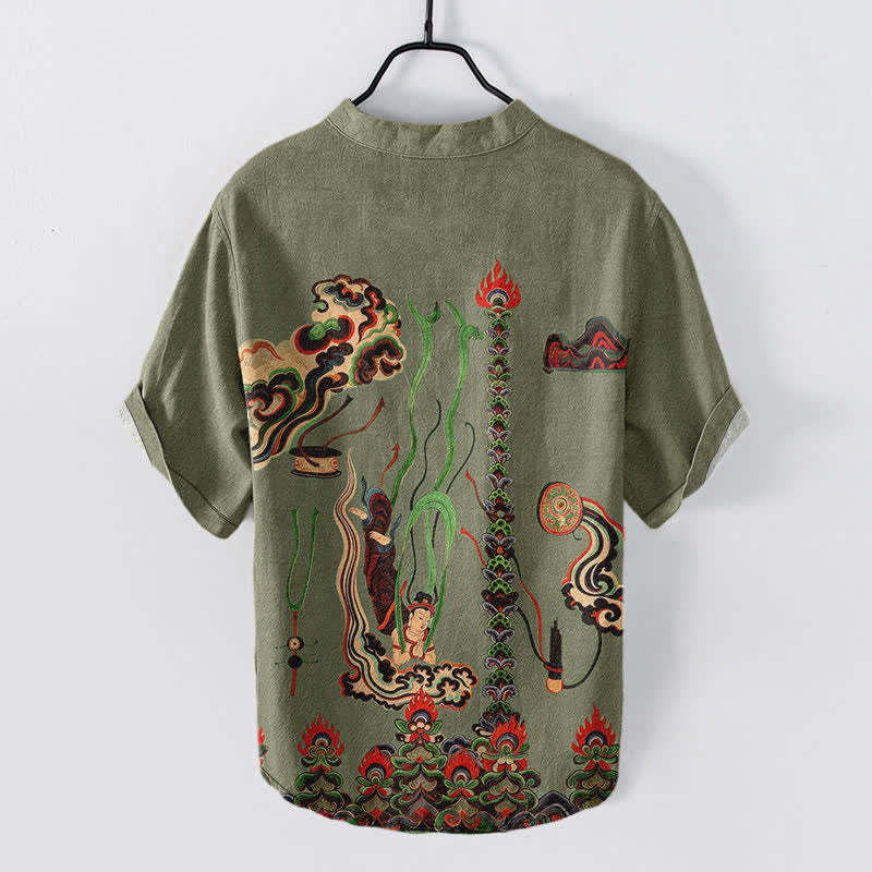 Nimara Ritual Cotton Mural Cloud Pattern Men's Short Sleeve Half Button Shirt