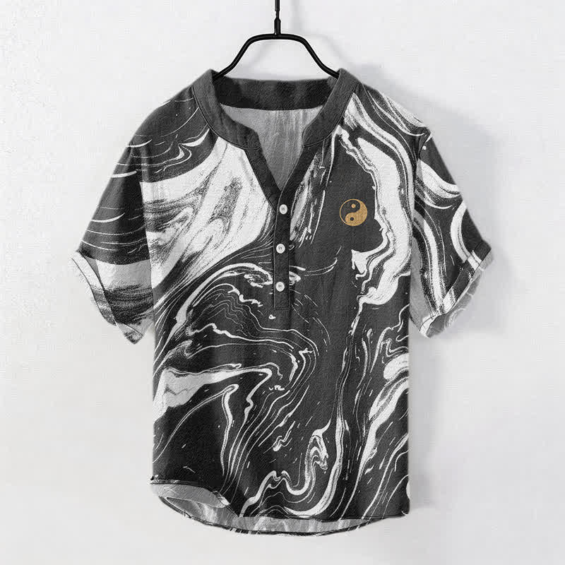 Nimara Ritual Cotton Tai Chi Pattern Men's Short Sleeve Half Button Shirt