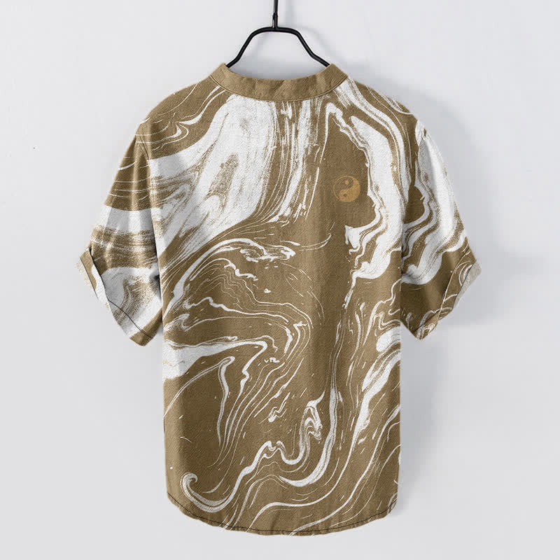 Nimara Ritual Cotton Tai Chi Pattern Men's Short Sleeve Half Button Shirt