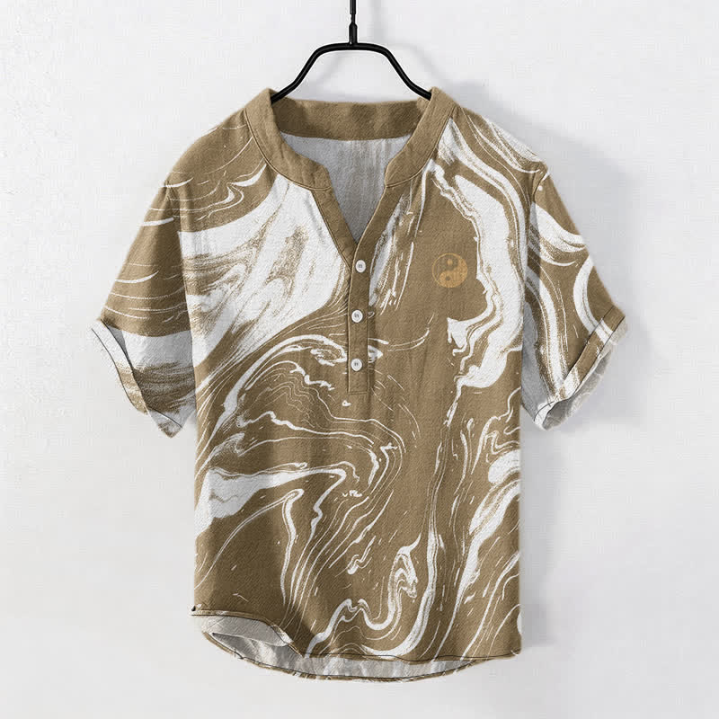 Nimara Ritual Cotton Tai Chi Pattern Men's Short Sleeve Half Button Shirt