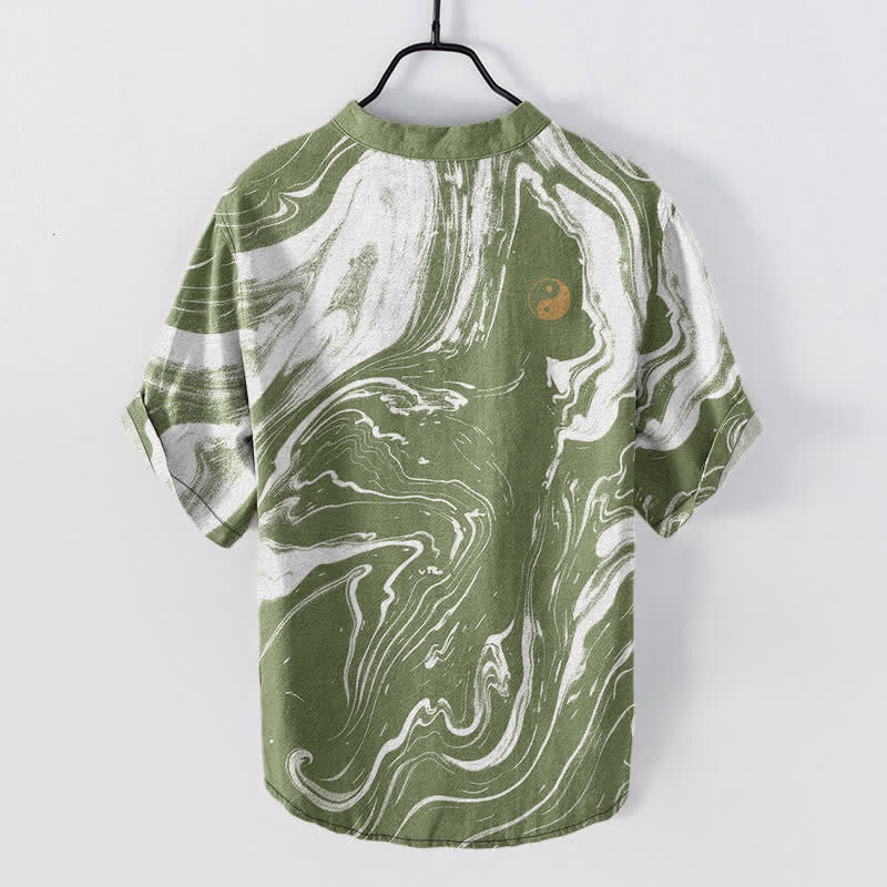 Nimara Ritual Cotton Tai Chi Pattern Men's Short Sleeve Half Button Shirt