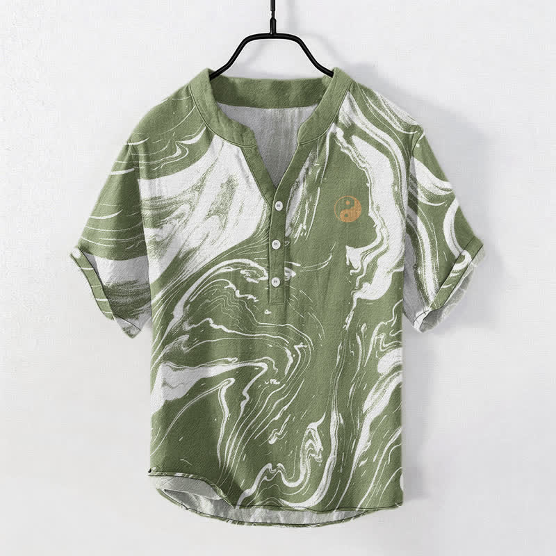 Nimara Ritual Cotton Tai Chi Pattern Men's Short Sleeve Half Button Shirt