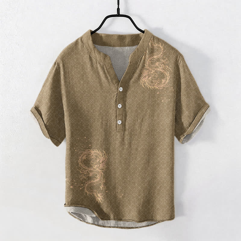 Nimara Ritual Cotton Dragon Men's Short Sleeve Half Button Shirt
