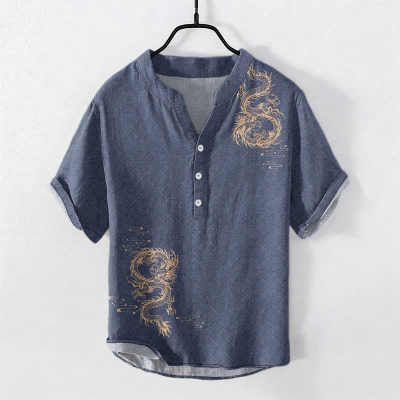 Nimara Ritual Cotton Dragon Men's Short Sleeve Half Button Shirt