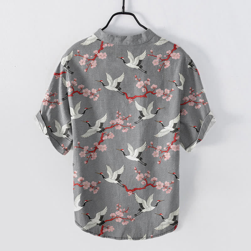 Nimara Ritual Crane Plum Blossom Men's Henley Short Sleeve Shirt