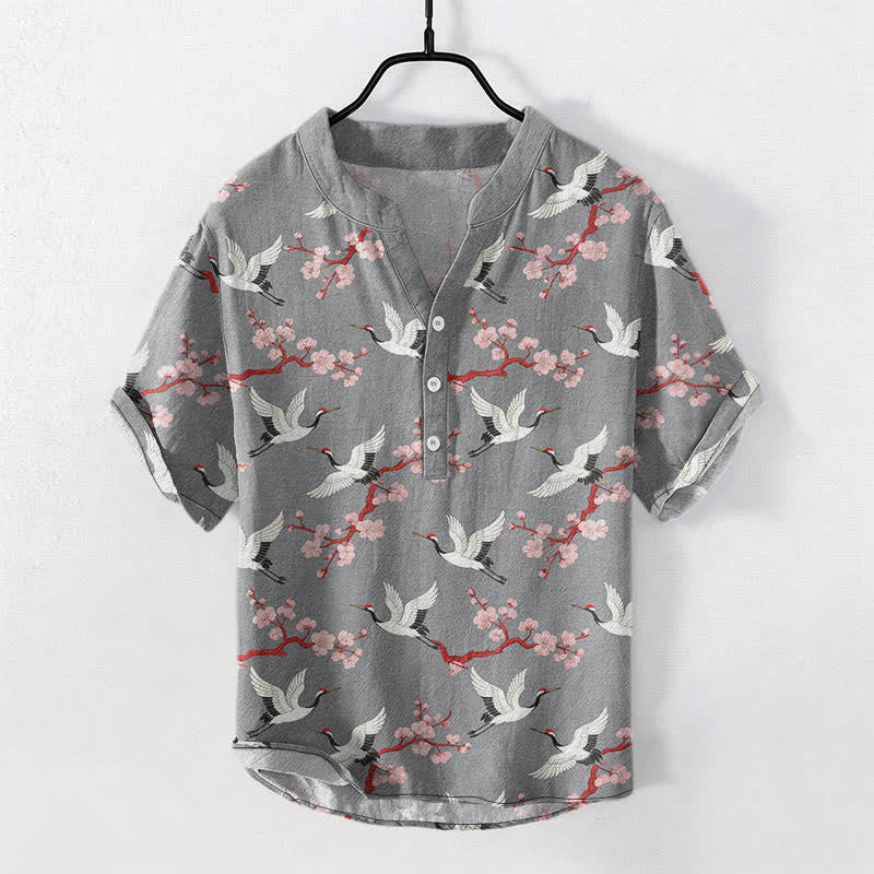 Nimara Ritual Crane Plum Blossom Men's Henley Short Sleeve Shirt