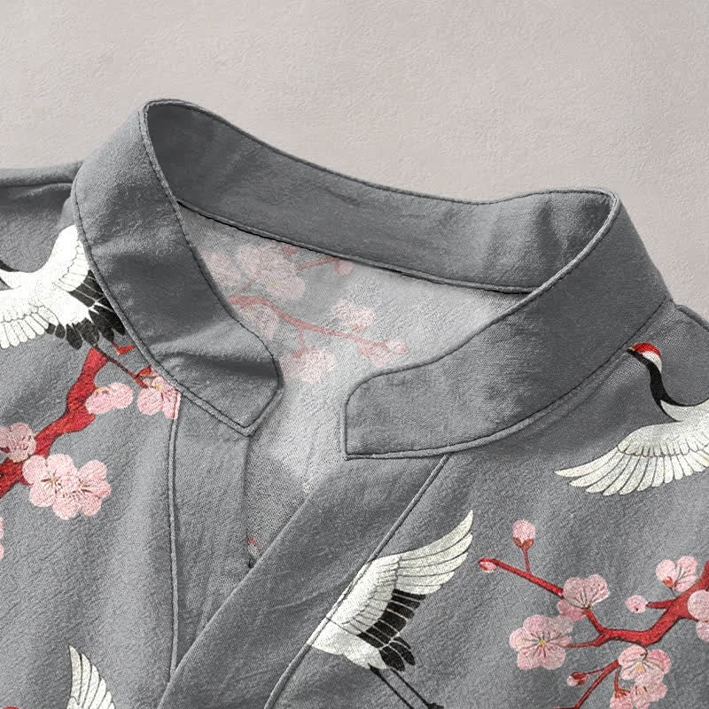 Nimara Ritual Crane Plum Blossom Men's Henley Short Sleeve Shirt