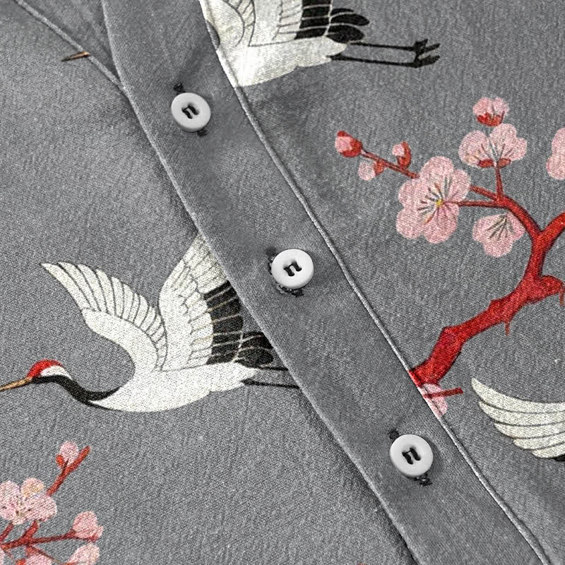 Nimara Ritual Crane Plum Blossom Men's Henley Short Sleeve Shirt