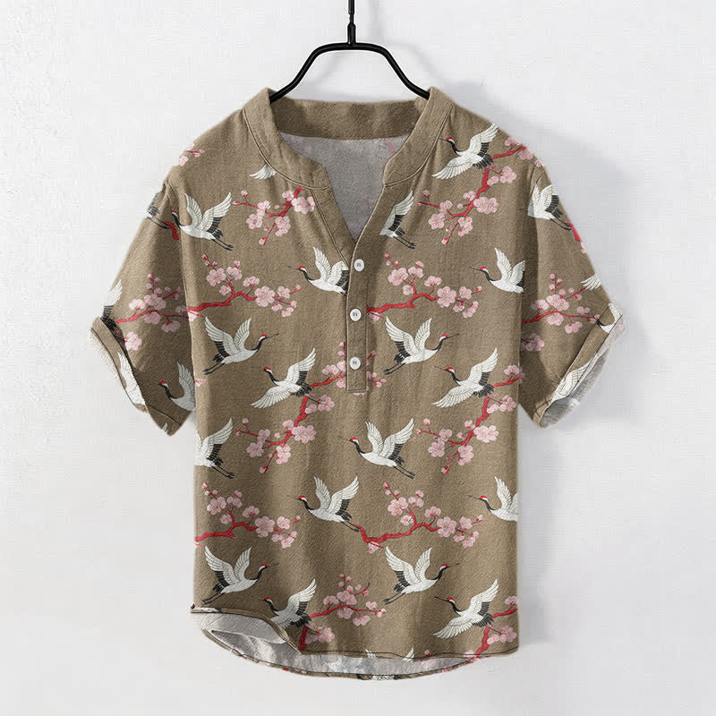 Nimara Ritual Crane Plum Blossom Men's Henley Short Sleeve Shirt
