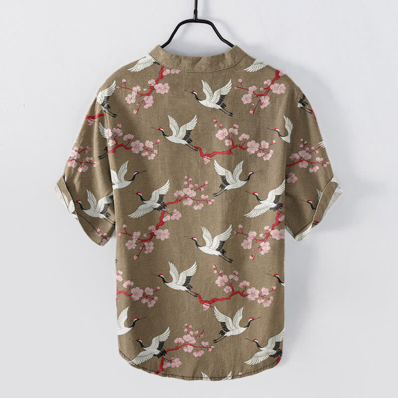 Nimara Ritual Crane Plum Blossom Men's Henley Short Sleeve Shirt