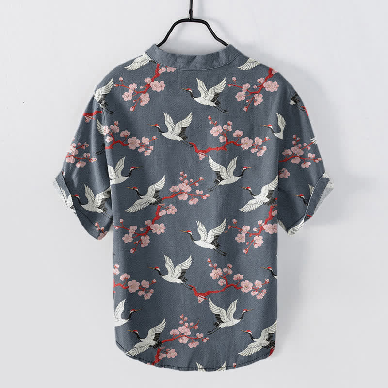 Nimara Ritual Crane Plum Blossom Men's Henley Short Sleeve Shirt