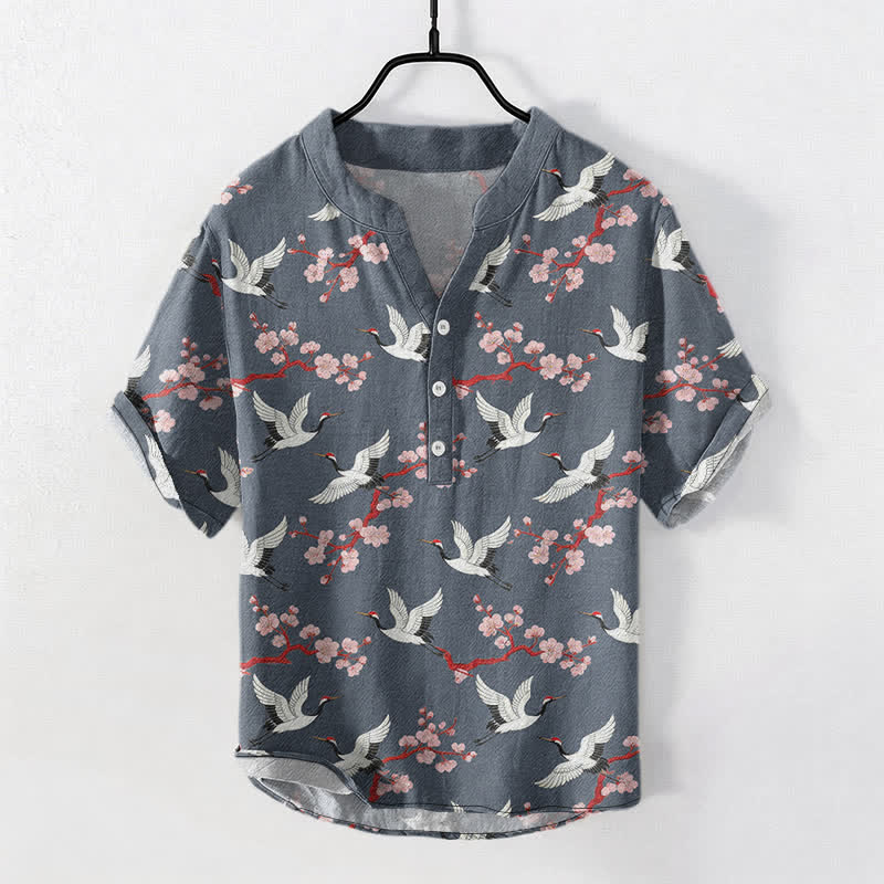 Nimara Ritual Crane Plum Blossom Men's Henley Short Sleeve Shirt