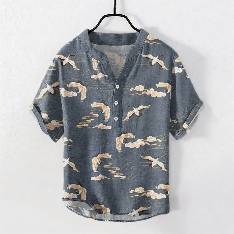 Nimara Ritual Flying Birds Cloud Men's Short Sleeve Half Button Shirt