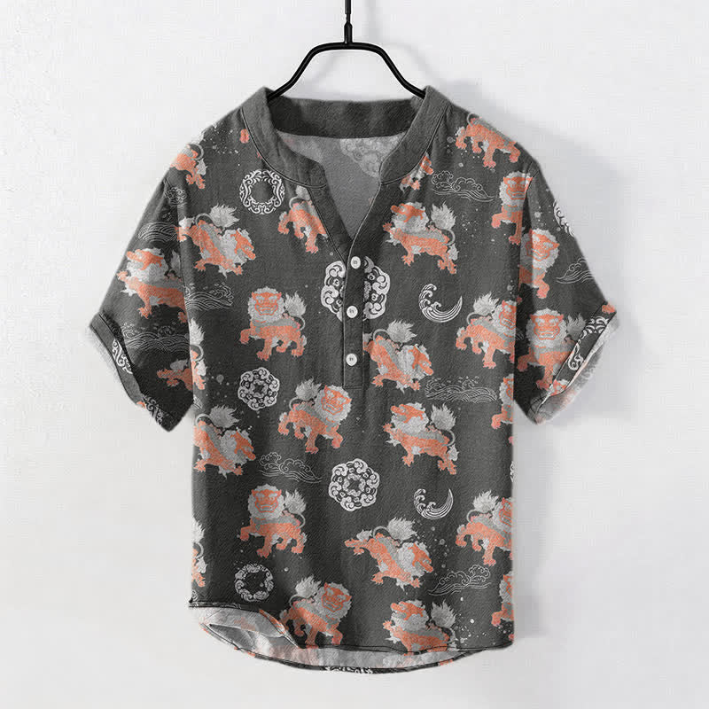 Nimara Ritual Cotton Lion Waves Cloud Men's Short Sleeve Shirt Lightweight Resort Boxy Fit