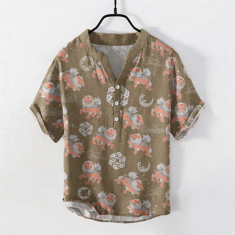 Nimara Ritual Cotton Lion Waves Cloud Men's Short Sleeve Shirt Lightweight Resort Boxy Fit
