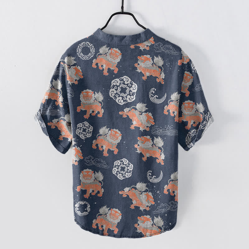 Nimara Ritual Cotton Lion Waves Cloud Men's Short Sleeve Shirt Lightweight Resort Boxy Fit