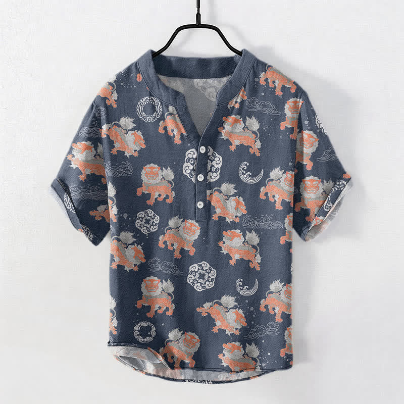 Nimara Ritual Cotton Lion Waves Cloud Men's Short Sleeve Shirt Lightweight Resort Boxy Fit