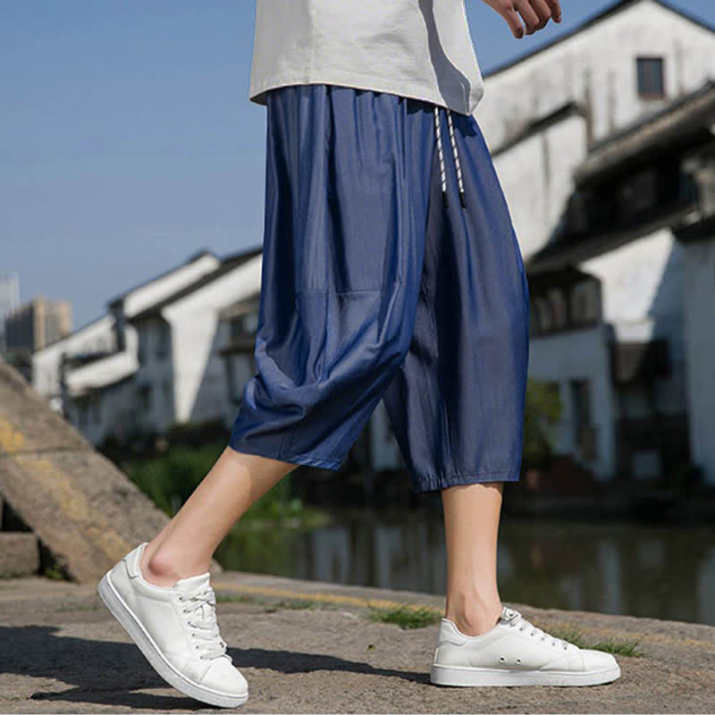 Nimara Ritual Summer Elastic Waist Drawstring Solid Color Half Men's Tapered Pants With Pockets