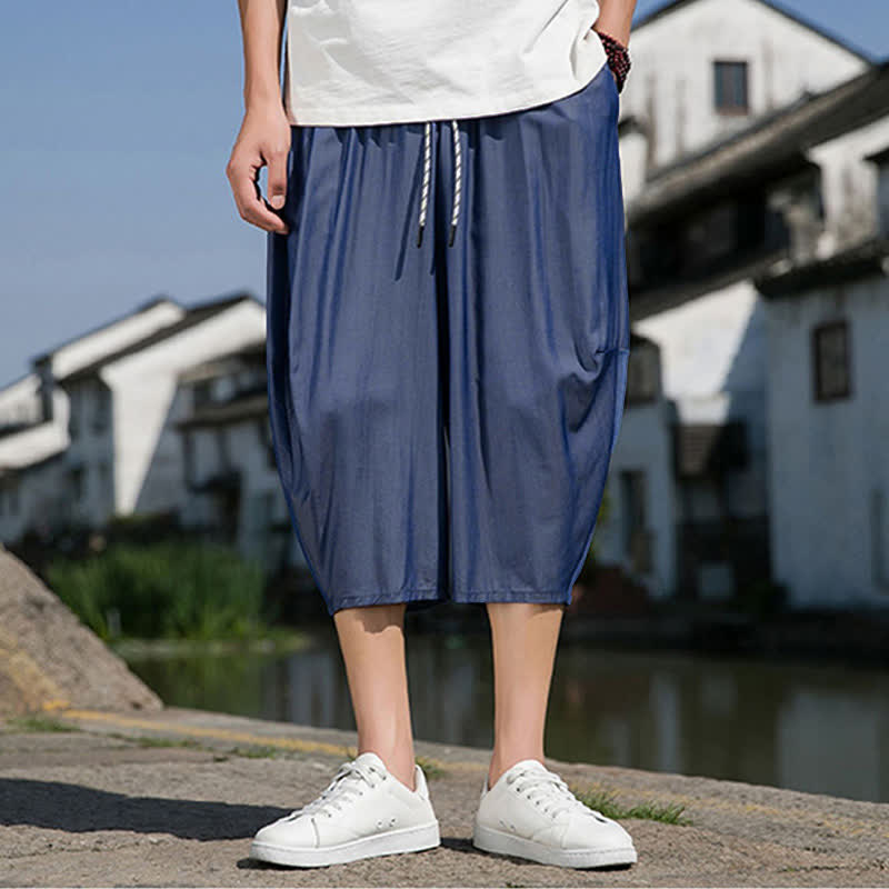 Nimara Ritual Summer Elastic Waist Drawstring Solid Color Half Men's Tapered Pants With Pockets
