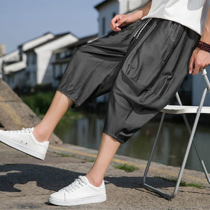 Nimara Ritual Summer Elastic Waist Drawstring Solid Color Half Men's Tapered Pants With Pockets