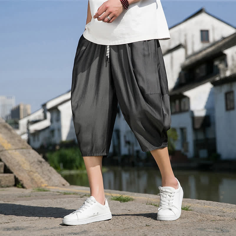 Nimara Ritual Summer Elastic Waist Drawstring Solid Color Half Men's Tapered Pants With Pockets
