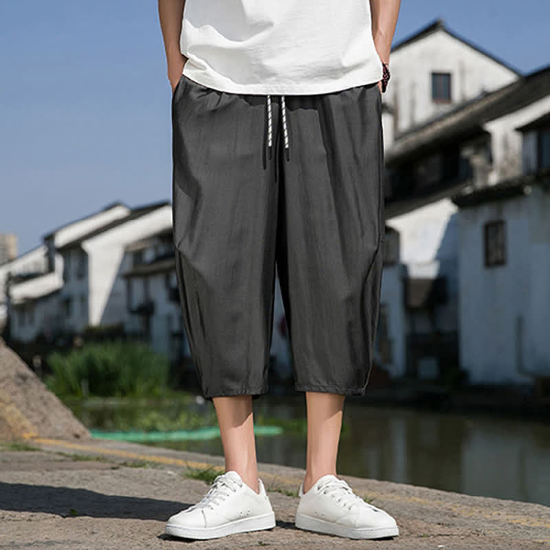 Nimara Ritual Summer Elastic Waist Drawstring Solid Color Half Men's Tapered Pants With Pockets