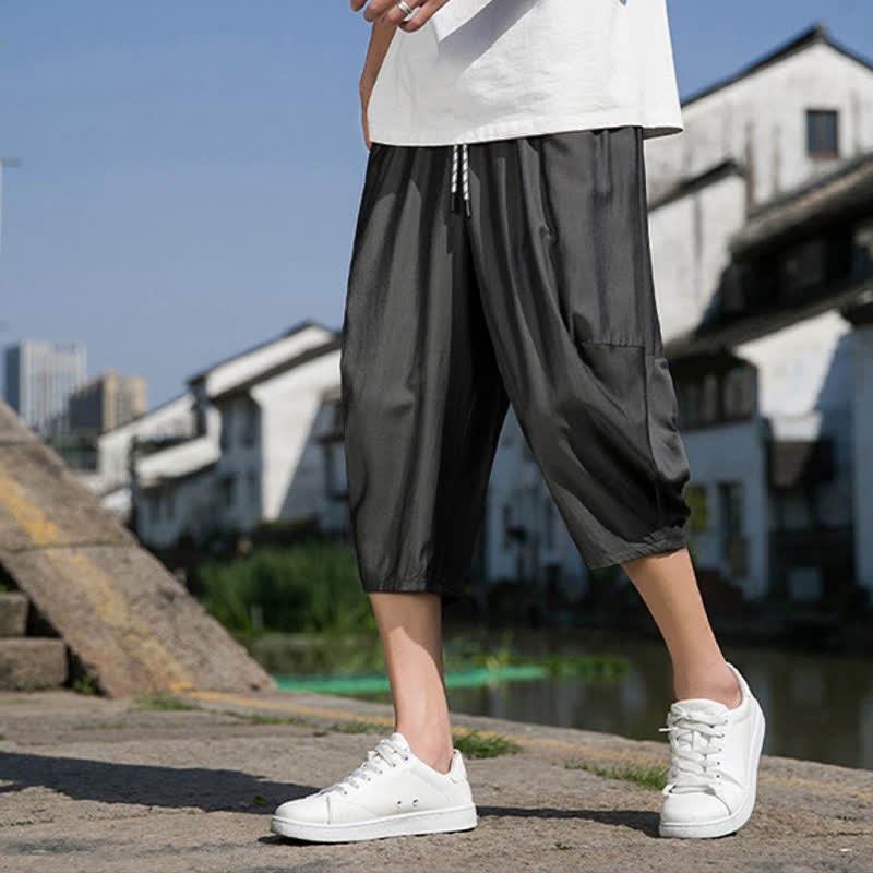 Nimara Ritual Summer Elastic Waist Drawstring Solid Color Half Men's Tapered Pants With Pockets
