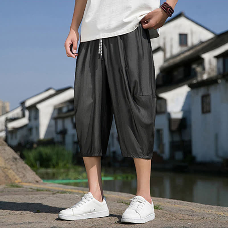 Nimara Ritual Summer Elastic Waist Drawstring Solid Color Half Men's Tapered Pants With Pockets