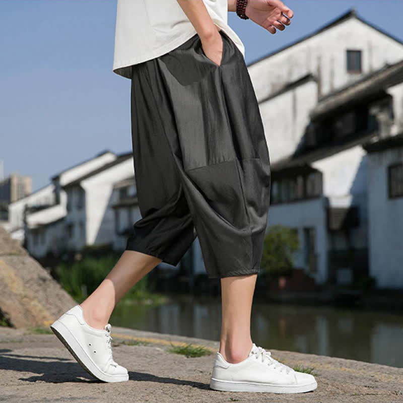 Nimara Ritual Summer Elastic Waist Drawstring Solid Color Half Men's Tapered Pants With Pockets