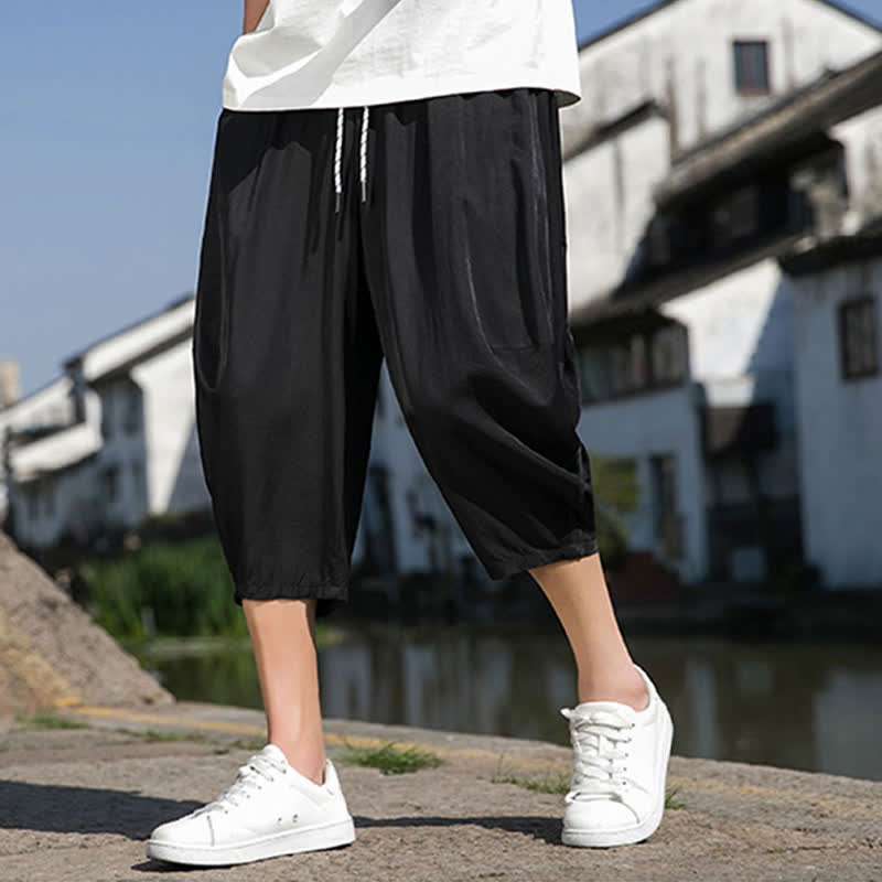 Nimara Ritual Summer Elastic Waist Drawstring Solid Color Half Men's Tapered Pants With Pockets
