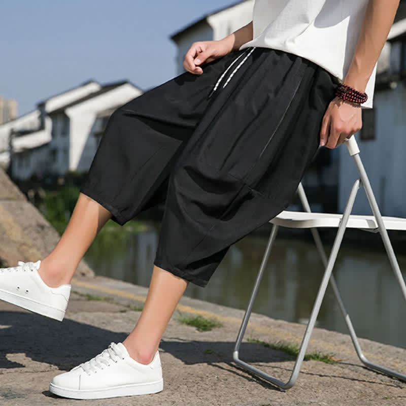 Nimara Ritual Summer Elastic Waist Drawstring Solid Color Half Men's Tapered Pants With Pockets