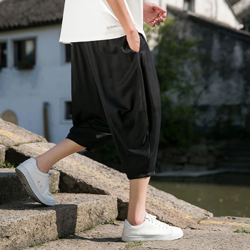 Nimara Ritual Summer Elastic Waist Drawstring Solid Color Half Men's Tapered Pants With Pockets