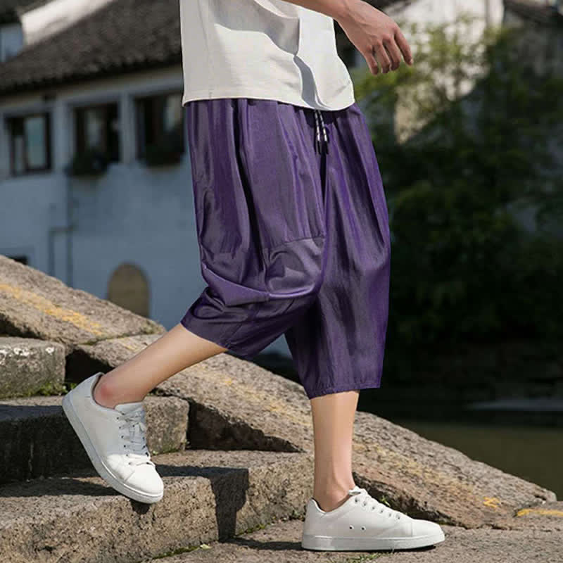 Nimara Ritual Summer Elastic Waist Drawstring Solid Color Half Men's Tapered Pants With Pockets